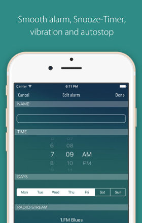 Smooth alarm, Snooze-Timer, vibration and autostop